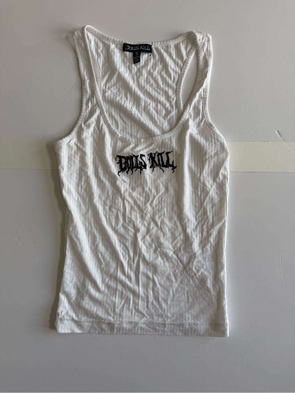 Dolls Kill White Ribbed Tank Top with Black Logo Tag
